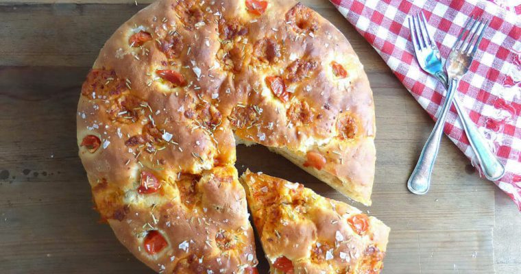 Monterey Pepper Jack Spelt Focaccia Bread (with Tomatoes and Rosemary)
