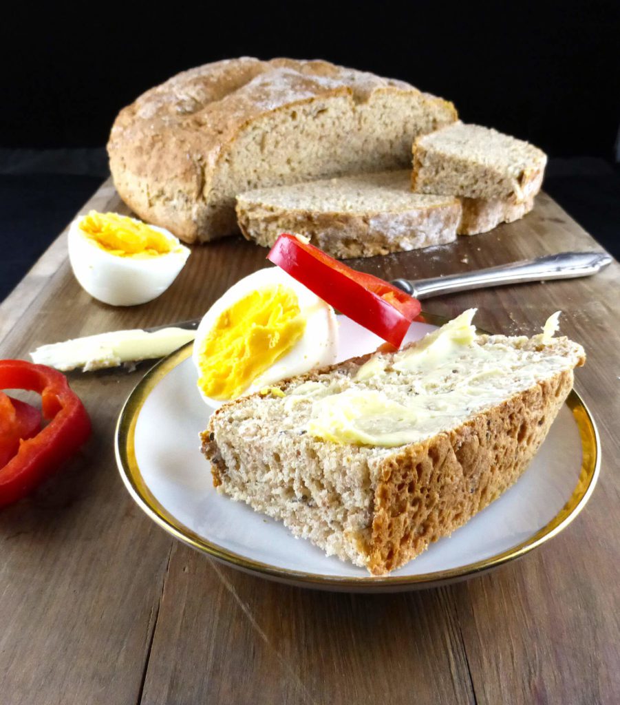 picture of spelt soda bread with eggs and red pepper
