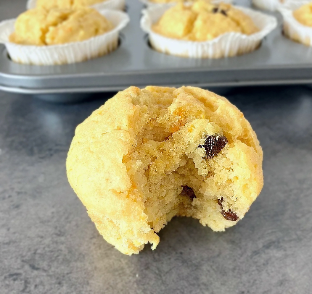 close up of a wholemeal spelt whole orange muffin with a bit taken out of the front