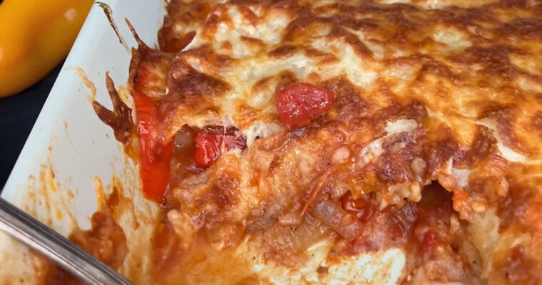 No Meat Tortilla Bake with Peppers and Onions