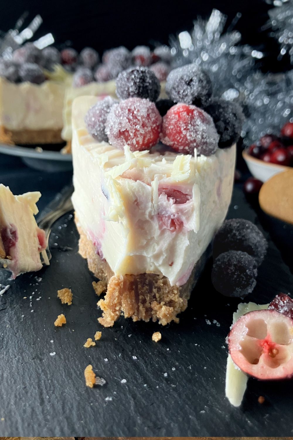 White Chocolate and Mascarpone No-Bake Cheesecake (with Sugared Cranberries)