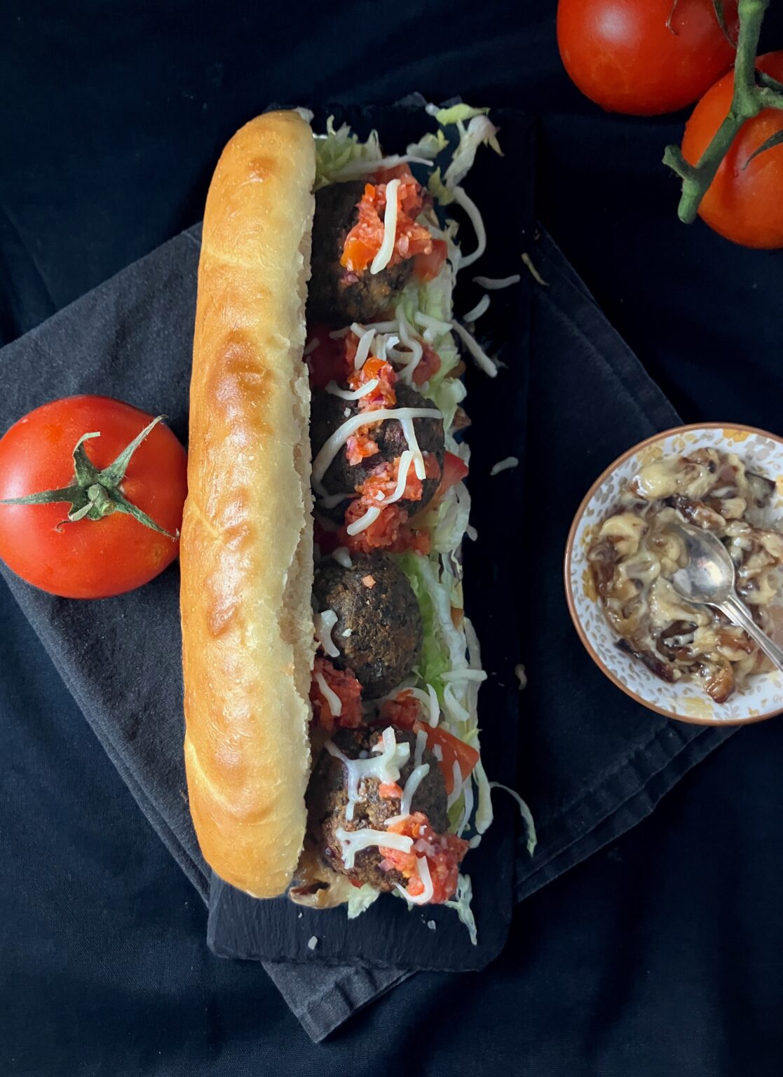 Overhead view of Mushroom Meatball Subs with Caramelised Onion Mayonnaise.