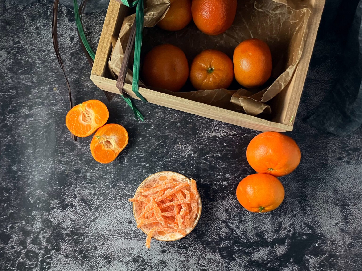An overhead shot of Candied Clementine Peels.