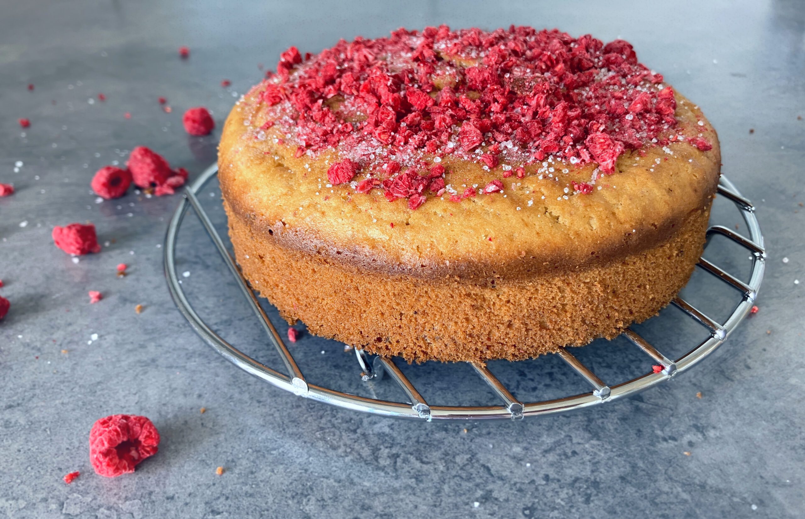 Side view shot of a cardamom and raspberry cake and freeze dried raspberries sprinkled around on a blue-grey surface